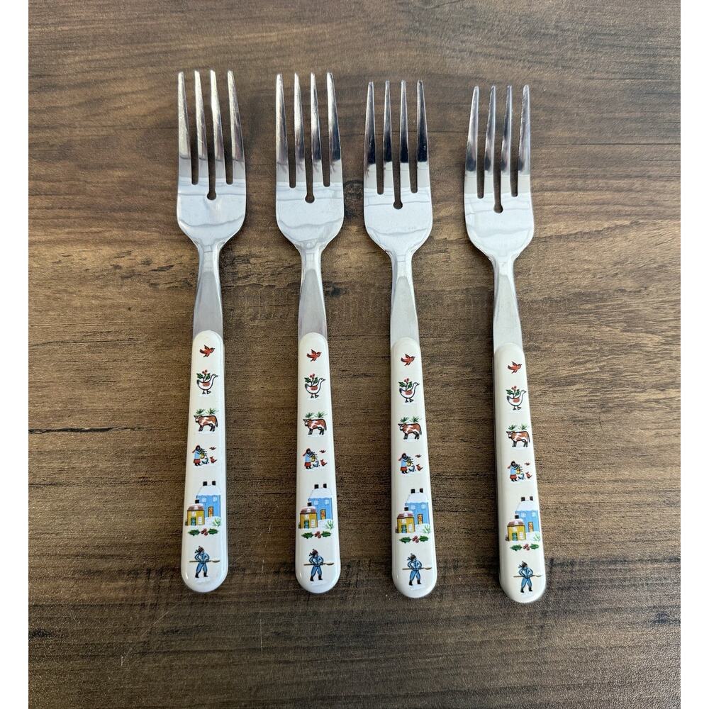 RARE 4 International Heartland Tableworks Christmas Salad Forks - Cozy Cottage